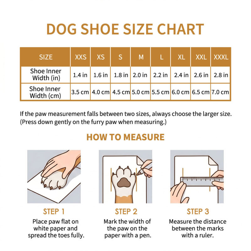 Reflective Mesh Dog Shoes Size Chart Paw measurement guide, how to measure, and sizing chart for reflective mesh dog shoes.