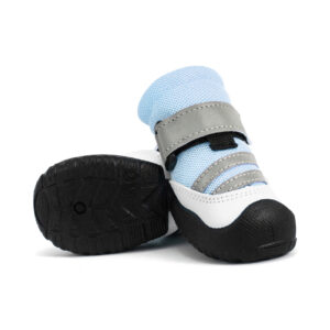 Anti-Slip TPE Outsole Tread Detail Front and bottom view of blue reflective mesh dog shoes highlighting the grooved geometric slip-resistant tread.