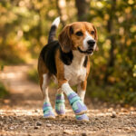 A Beagle walking calmly along a shaded gravel forest path wearing light purple reflective mesh shoes for dogs.
