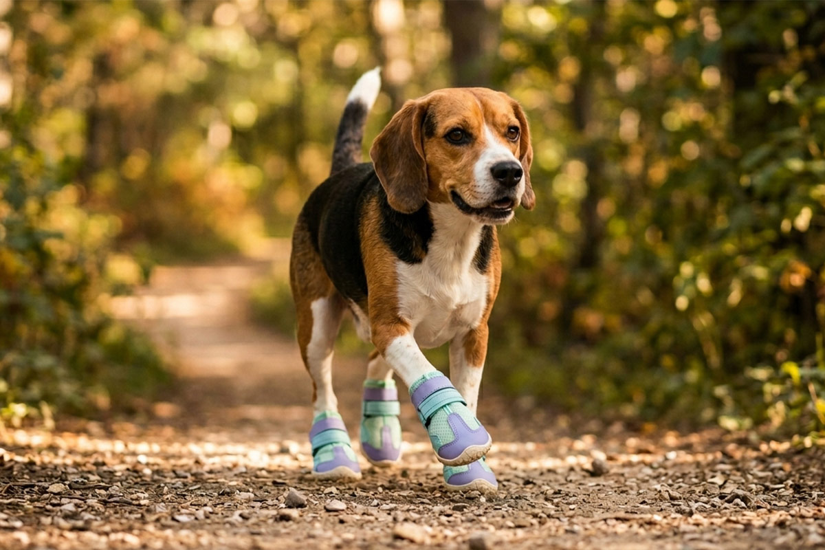 A Beagle walking calmly along a shaded gravel forest path wearing light purple reflective mesh shoes for dogs.
