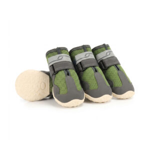 Green Reflective Mesh Shoes for Dogs Trio Olive green reflective mesh shoes for dogs displaying thick grey toe guards and a secure wrap around strap.
