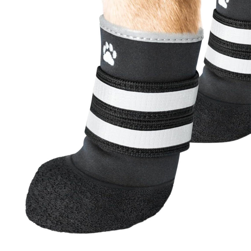 Snug Ankle Closure Fit Detail Close-up of a dog's leg wearing reflective mud proof shoes for dogs showing the snug fit around the lower ankle joint.