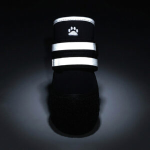 High Visibility Night Safety Strap Glow Close-up front shot of reflective mud proof shoes for dogs showing the dual silver bands glowing brightly in the dark.