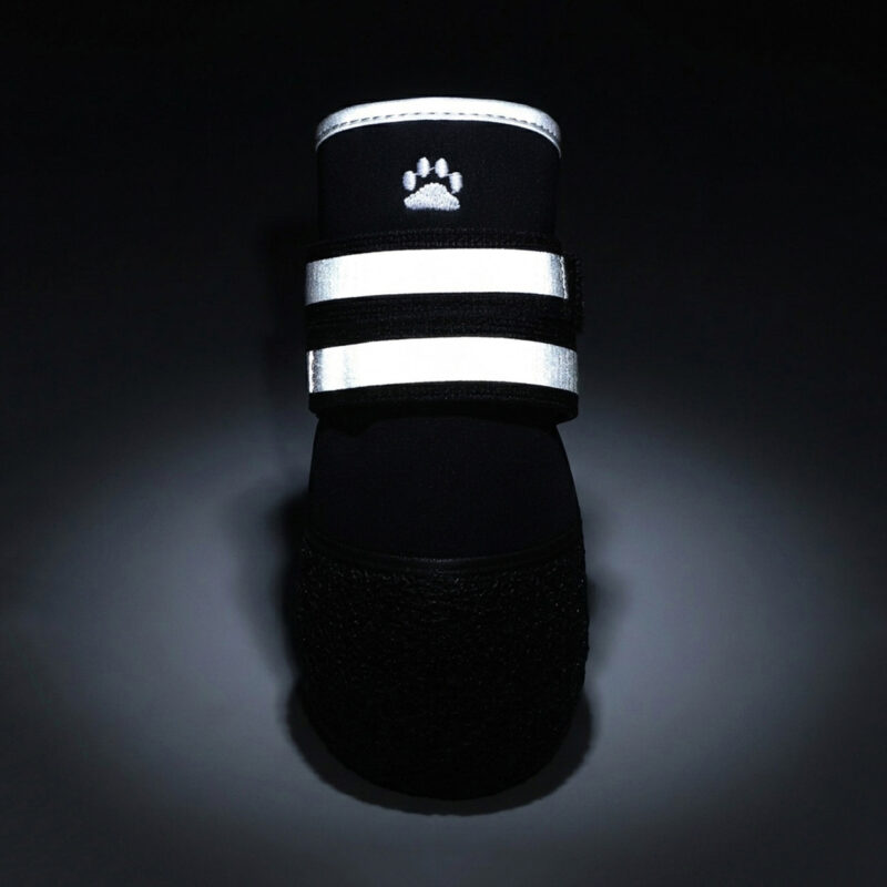 High Visibility Night Safety Strap Glow Close-up front shot of reflective mud proof shoes for dogs showing the dual silver bands glowing brightly in the dark.