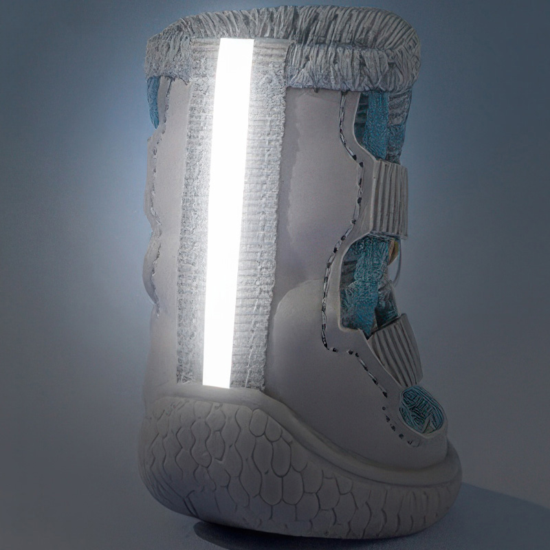Rear look at a dial system dog shoe highlighting the vertical high-brightness retroreflective silver safety band glowing.