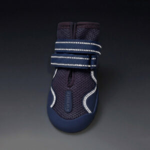 High Visibility Night Safety Reflective Strap Glow Single dark navy blue boot showing the parallel reflective lines on the strap glowing intensely under dark conditions.