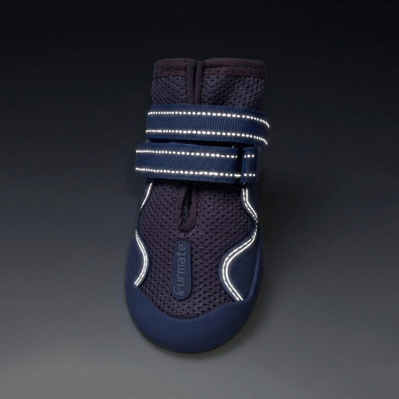 High Visibility Night Safety Reflective Strap Glow Single dark navy blue boot showing the parallel reflective lines on the strap glowing intensely under dark conditions.