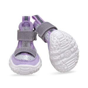 Purple Anti-Slip Pet Sandals Outsole Layout Symmetrical pairing of purple reflective strap anti-slip pet shoes displaying high-flexibility white vulcanized outsoles.