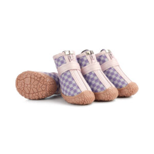 Taro Purple Reflective Strap Dog Paw Protectors Trio Taro purple reflective strap dog paw protectors showing smile checker prints, pink front zippers, and tan outsoles.