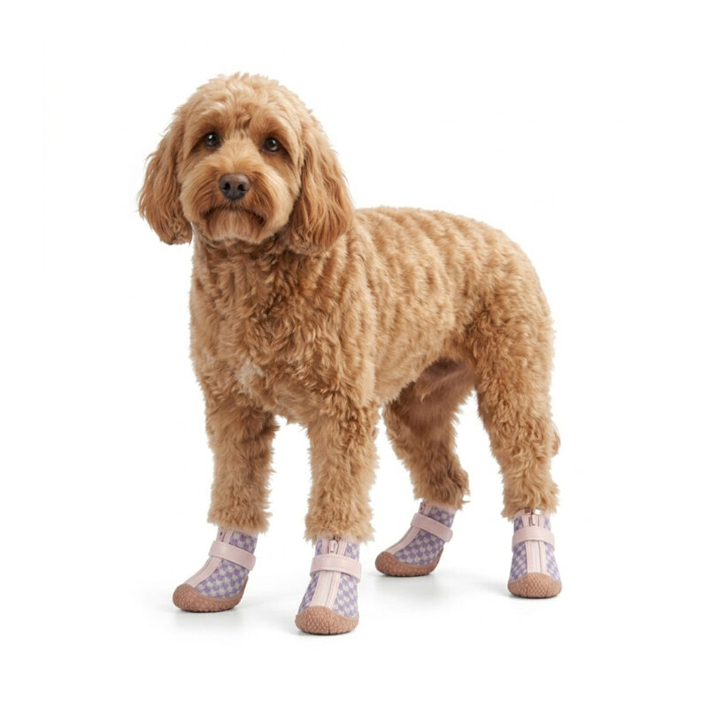 Taro Purple Reflective Strap Dog Paw Protectors An apricot pup standing while wearing smile checker taro purple reflective strap dog paw protectors with tan soles.