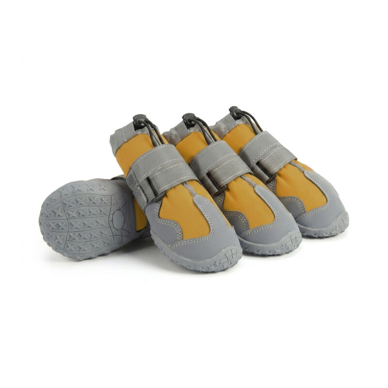 Orange Reflective Strap Dog Walking Shoes Set Fruit orange reflective strap dog walking shoes displaying star pattern suction grooves underneath the non-slip outsoles.