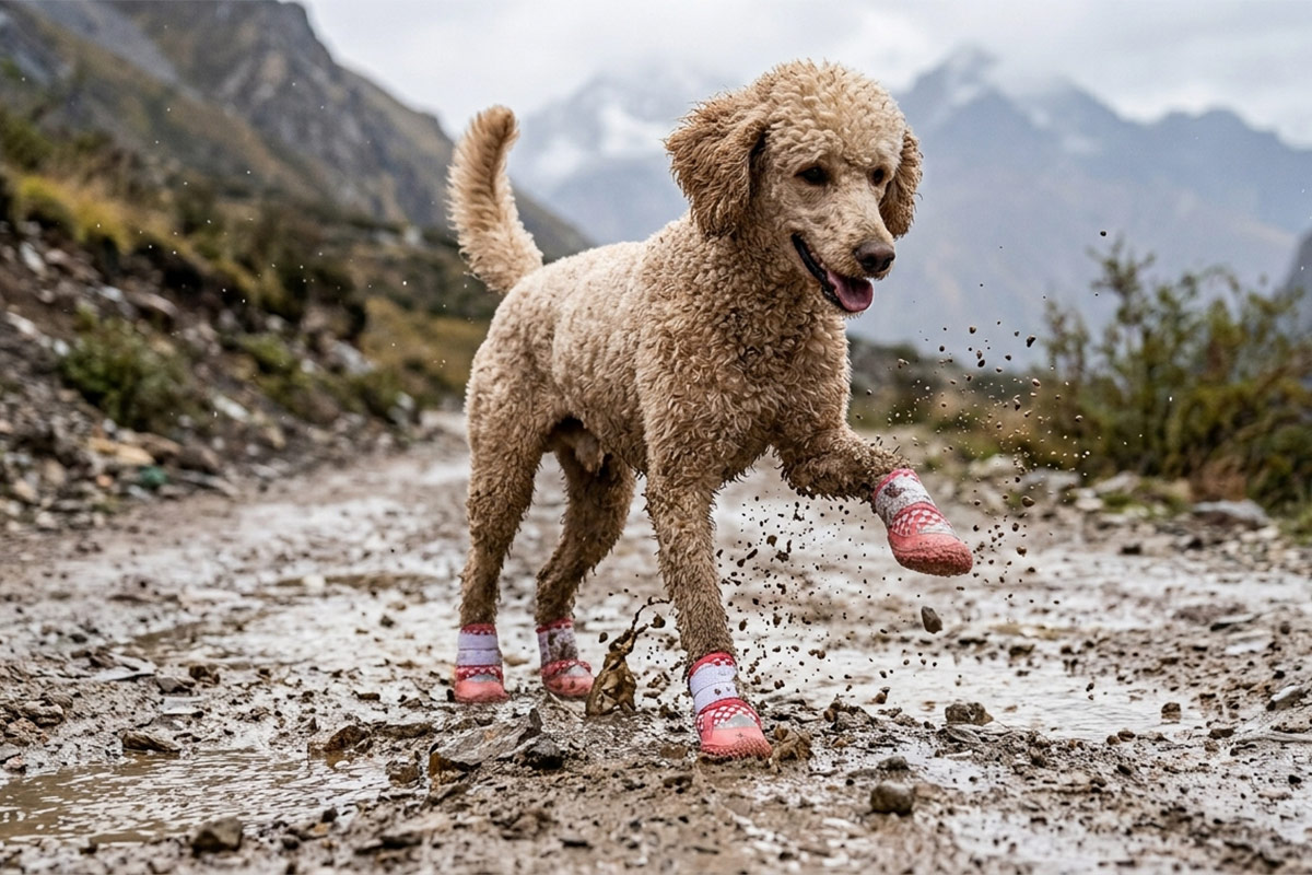 A tan standard Poodle galloping enthusiastically down a wet, muddy mountain road path wearing red checker boots.
