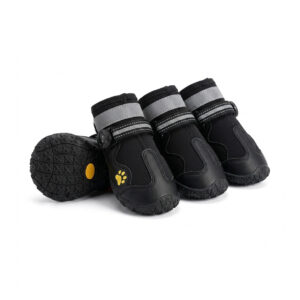 Black Reflective Waterproof Pet Shoes Set All-black reflective waterproof pet shoes with premium rubber soles and nylon webbings featuring yellow paw details.