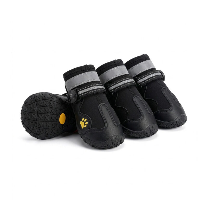 Black Reflective Waterproof Pet Shoes Set All-black reflective waterproof pet shoes with premium rubber soles and nylon webbings featuring yellow paw details.