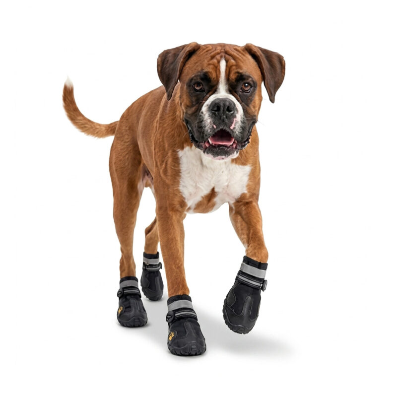 Black Reflective Waterproof Pet Shoes A Boxer dog stepping forward while wearing all-black reflective waterproof pet shoes featuring textured traction outsoles.