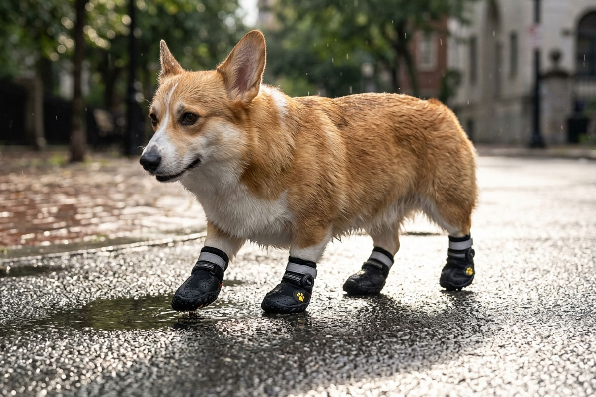 A Pembroke Welsh Corgi pacing down a wet city asphalt street after rainfall wearing black reflective waterproof pet shoes.