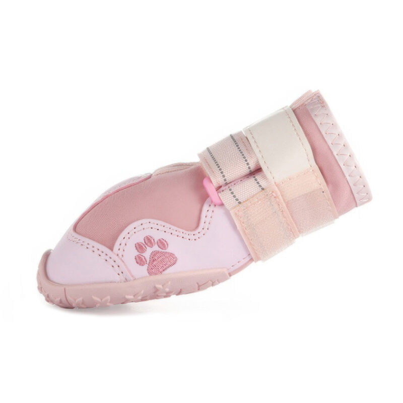 Pink Reflective Waterproof Pet Shoe Profile Dynamic side profile of pink reflective waterproof pet shoes emphasizing neat internal stitching and clean leather panels.