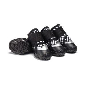 Retro Checker Reflective Waterproof Dog Shoes Pack Retro Checker black and white printed reflective waterproof dog shoes featuring black leather trim and black double wrap straps.