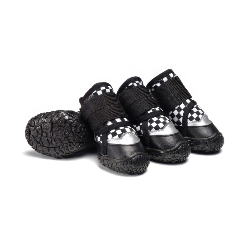 Retro Checker Reflective Waterproof Dog Shoes Pack Retro Checker black and white printed reflective waterproof dog shoes featuring black leather trim and black double wrap straps.