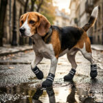 A Beagle dog pacing across a wet, sunlit cobblestone city street wearing black secure fit double-strap pet shoes.