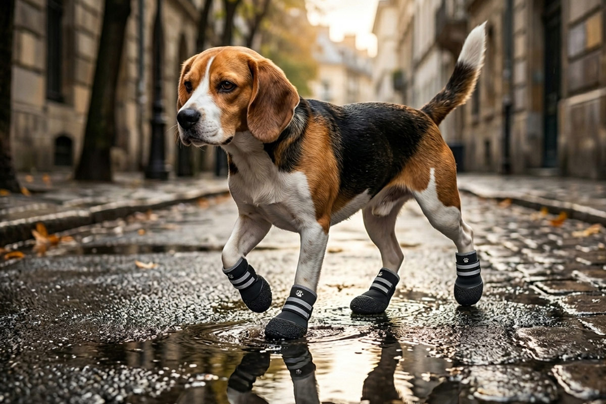 A Beagle dog pacing across a wet, sunlit cobblestone city street wearing black secure fit double-strap pet shoes.