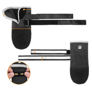 Double-Strap Attachment System Diagram Technical layout diagram of secure fit double-strap pet shoes highlighting the adjustable hook and loop strap expansion paths.