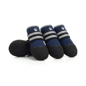 Navy Blue Double-Strap Pet Shoes Set Navy blue secure fit double-strap pet shoes featuring embroidered white paw icons and double reflective ankle loops.
