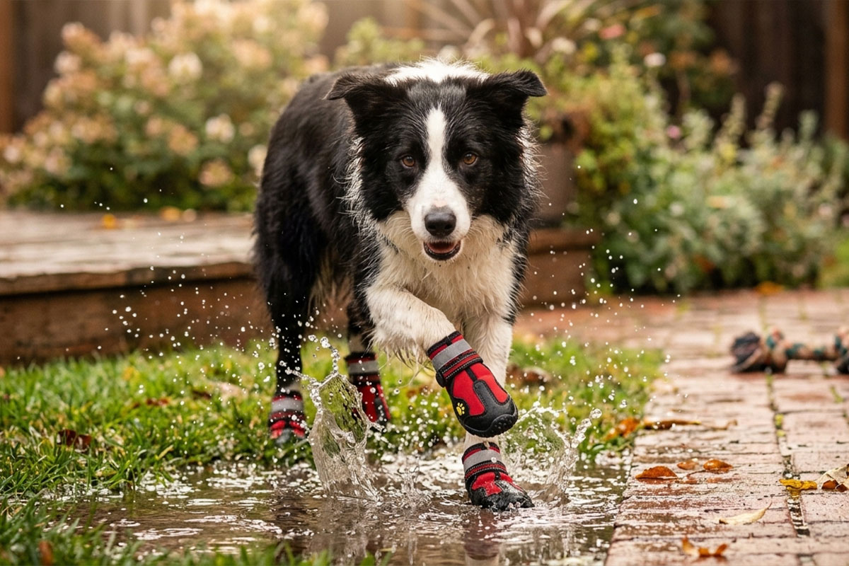 A black and white Border Collie splashing through a mud puddle in a garden yard wearing red snow walking shoes for dogs.