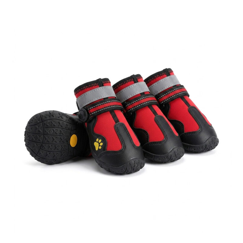 Red Snow Walking Shoes for Dogs Red and black snow walking shoes for dogs showing high-brightness reflective straps and space leather toe caps.