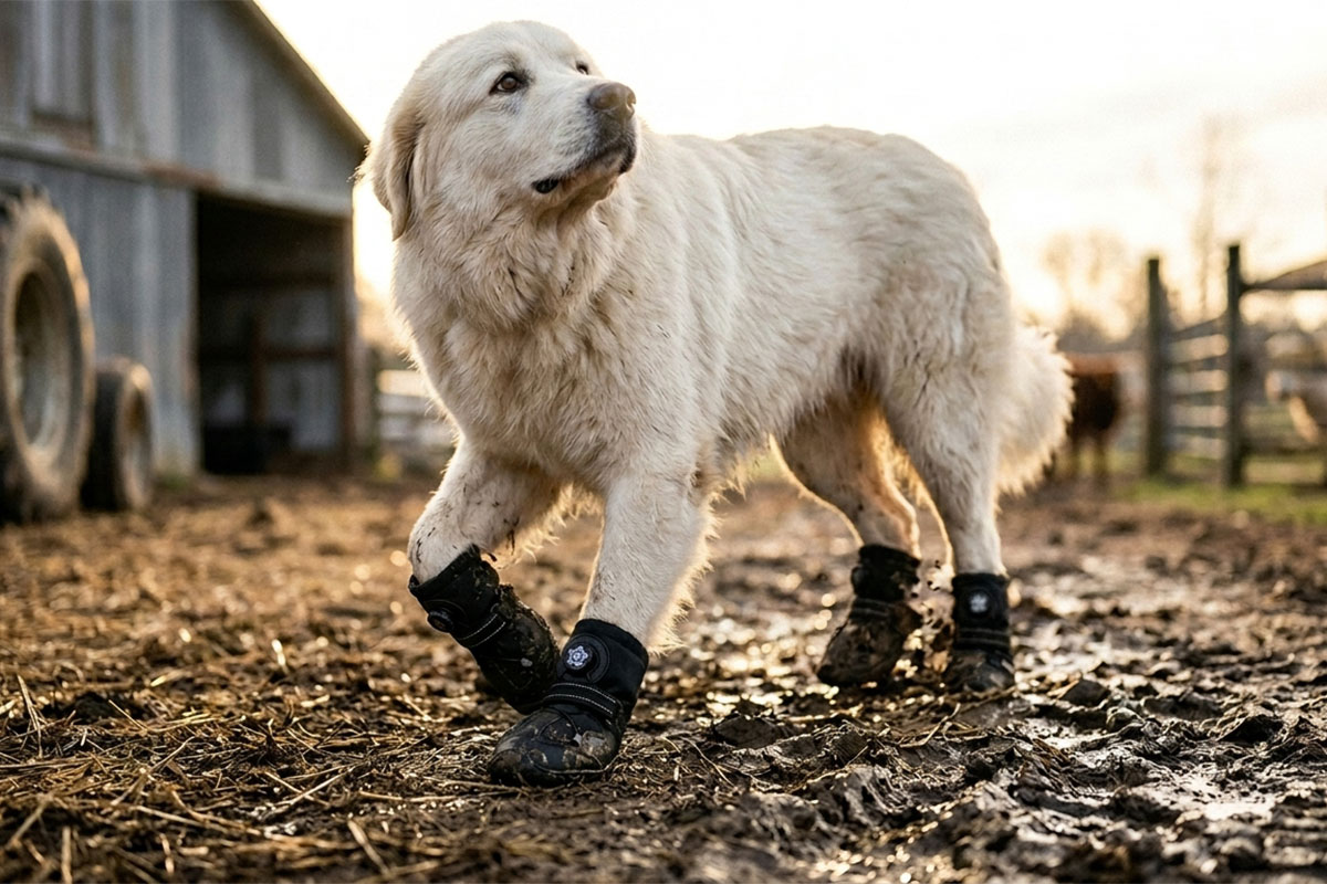 A large white Kuvasz walking on a muddy farm path near a barn wearing black snug fit anti lost big dog shoes.