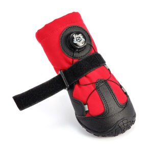 Top down perspective of snug fit anti lost big dog shoes illustrating the nylon guidance paths for the tension cable.