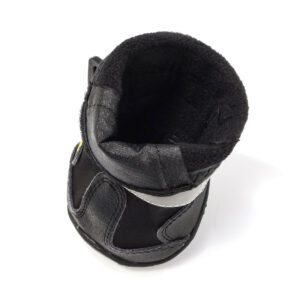 Insulated Soft Polar Fleece Lining Detail Top-down macro shot inside a black dog boot showing the thick insulating polar fleece interior warm lining.