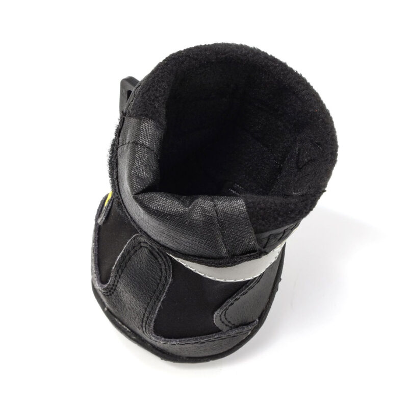 Insulated Soft Polar Fleece Lining Detail Top-down macro shot inside a black dog boot showing the thick insulating polar fleece interior warm lining.