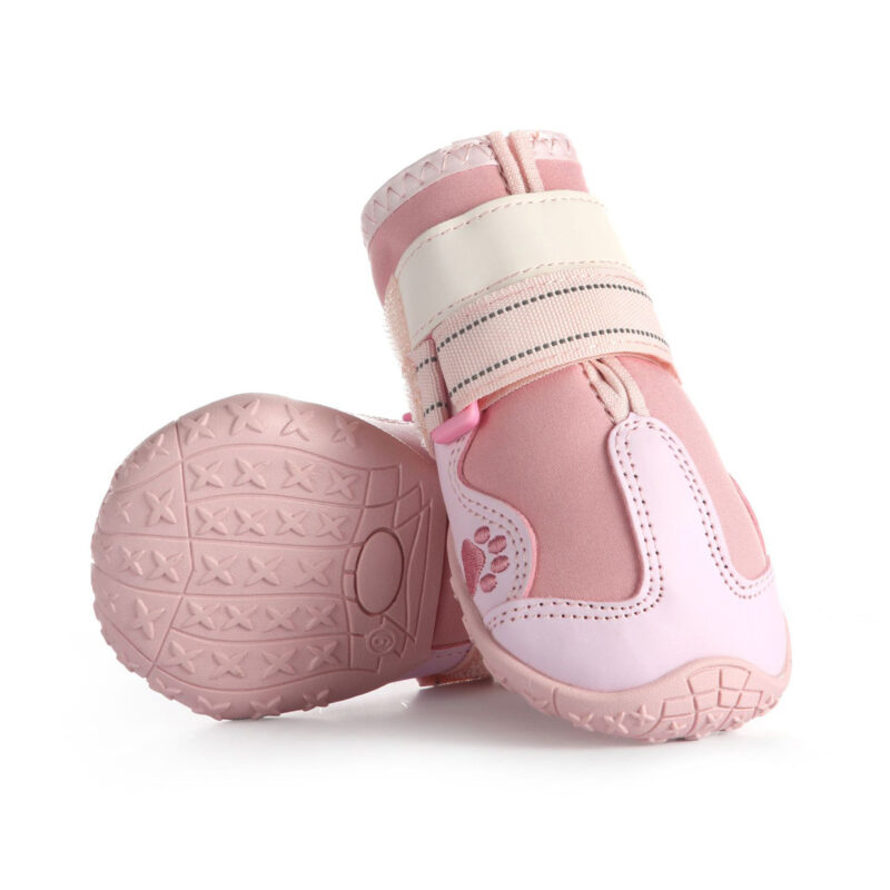 Pink Soft Fleece Paw Protectors Pair Side profile and bottom tread view of pink soft fleece paw protectors highlighting flexible rubber outsole channels.