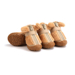 Camel tan soft fleece walking small dog shoes displaying fluffy tan ears, beige leather trim, and brown rubber bases.