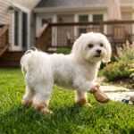 A small white Maltese dog pacing forward over green garden grass wearing camel tan soft fleece walking small dog shoes.