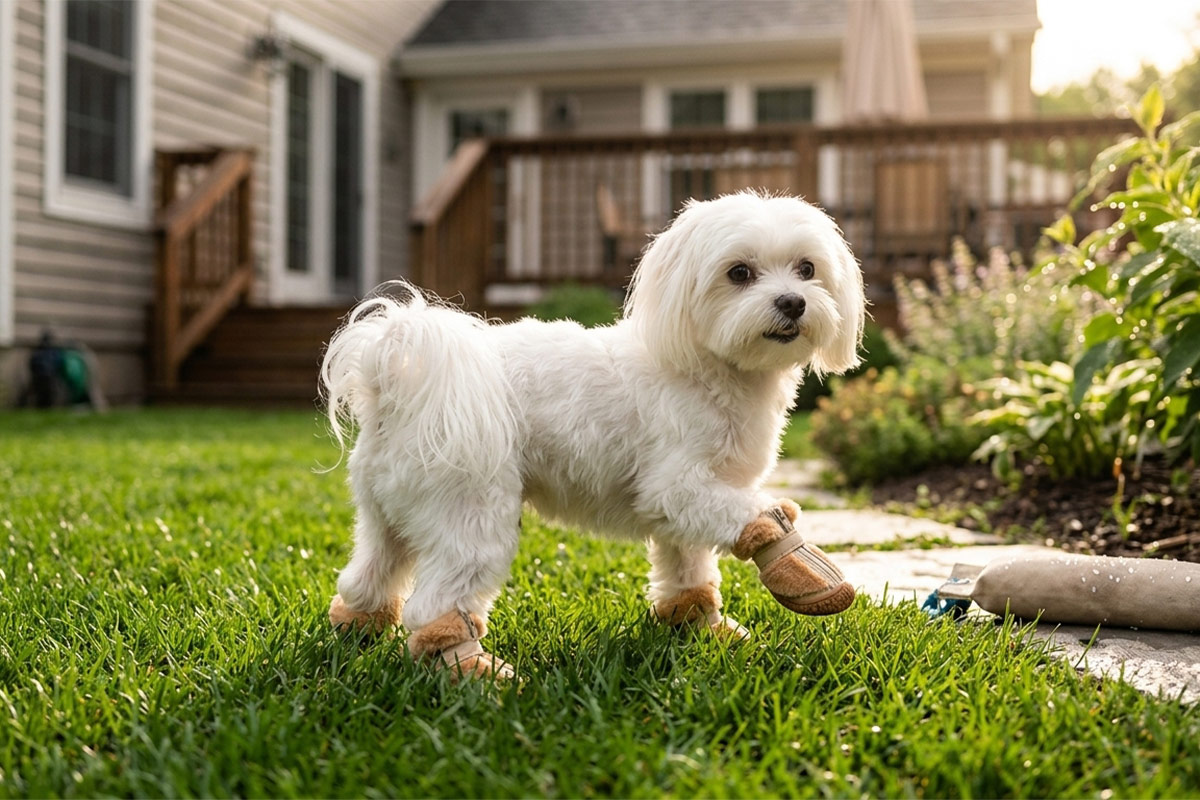 A small white Maltese dog pacing forward over green garden grass wearing camel tan soft fleece walking small dog shoes.