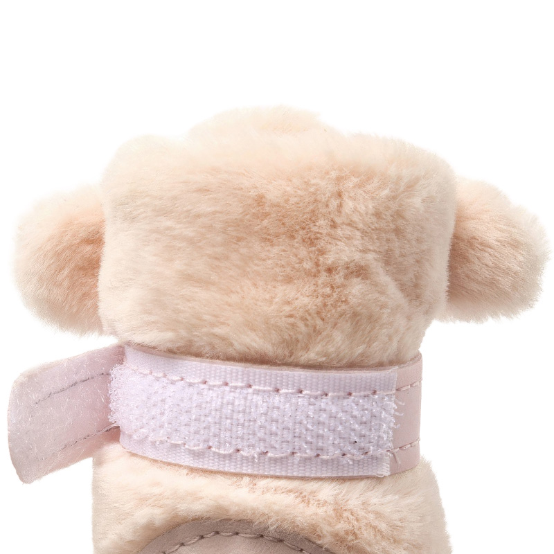 Upper rear view of soft fleece walking small dog shoes highlighting the horizontal wrapping loop band crossing the plush backing.