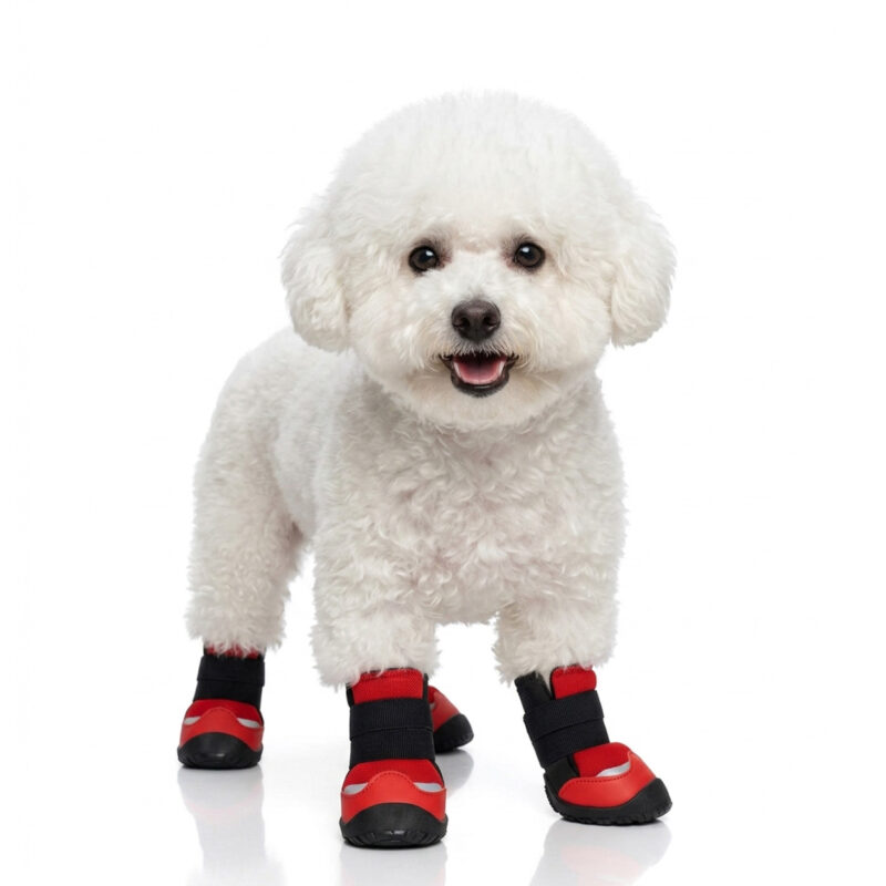 Red Soft Mesh Hot Pavement Dog Booties A white Bichon Frise dog modeling red soft mesh dog shoes for hot pavement on a crisp white studio background.