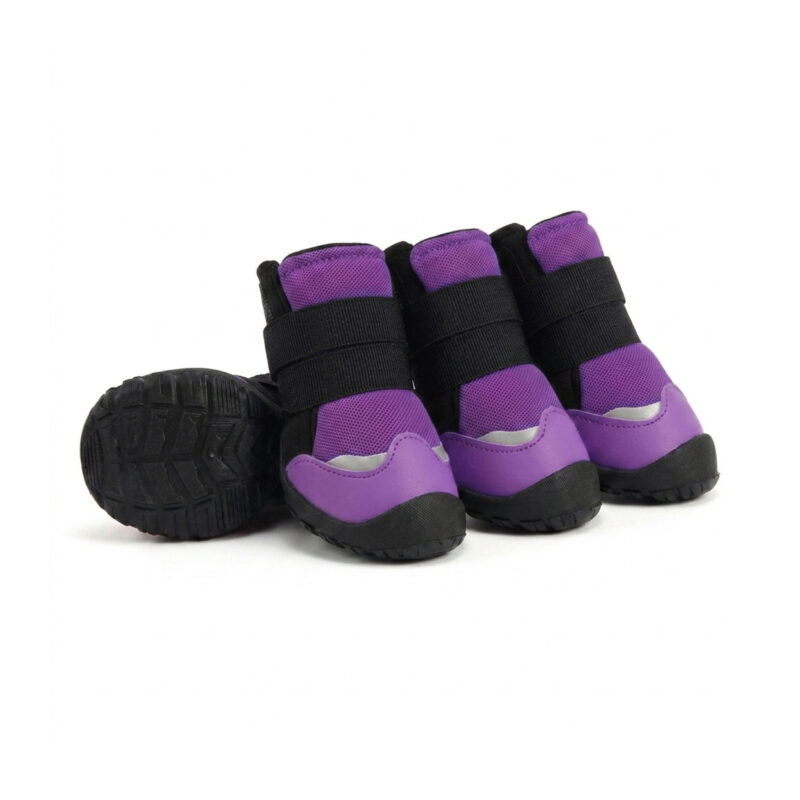 Purple Soft Mesh Dog Shoes for Hot Pavement Set Purple soft mesh dog shoes for hot pavement featuring premium protective toe guards and double ankle fasteners.