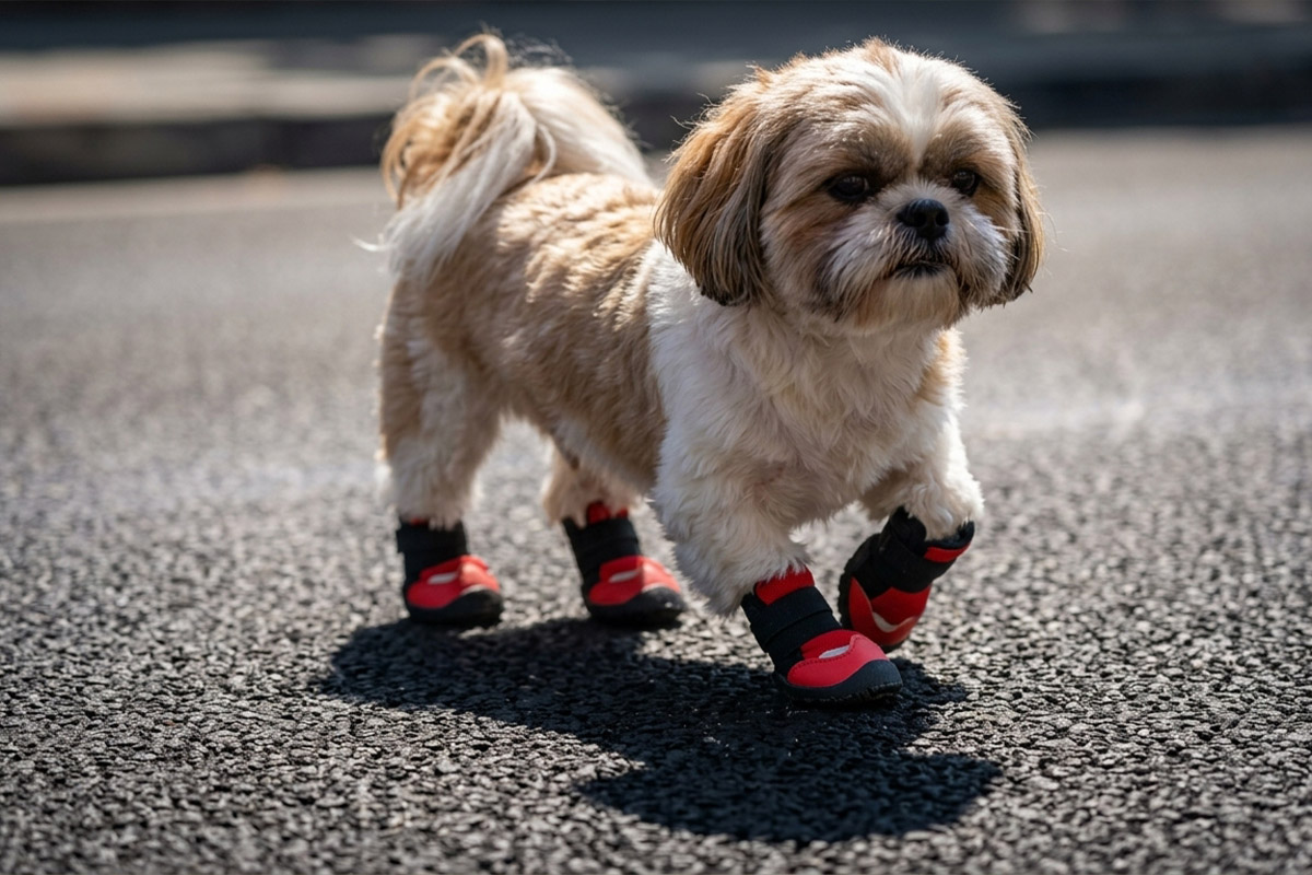A small Shih Tzu dog walking confidently along a dark sun-baked asphalt road wearing red soft mesh dog shoes for hot pavement.