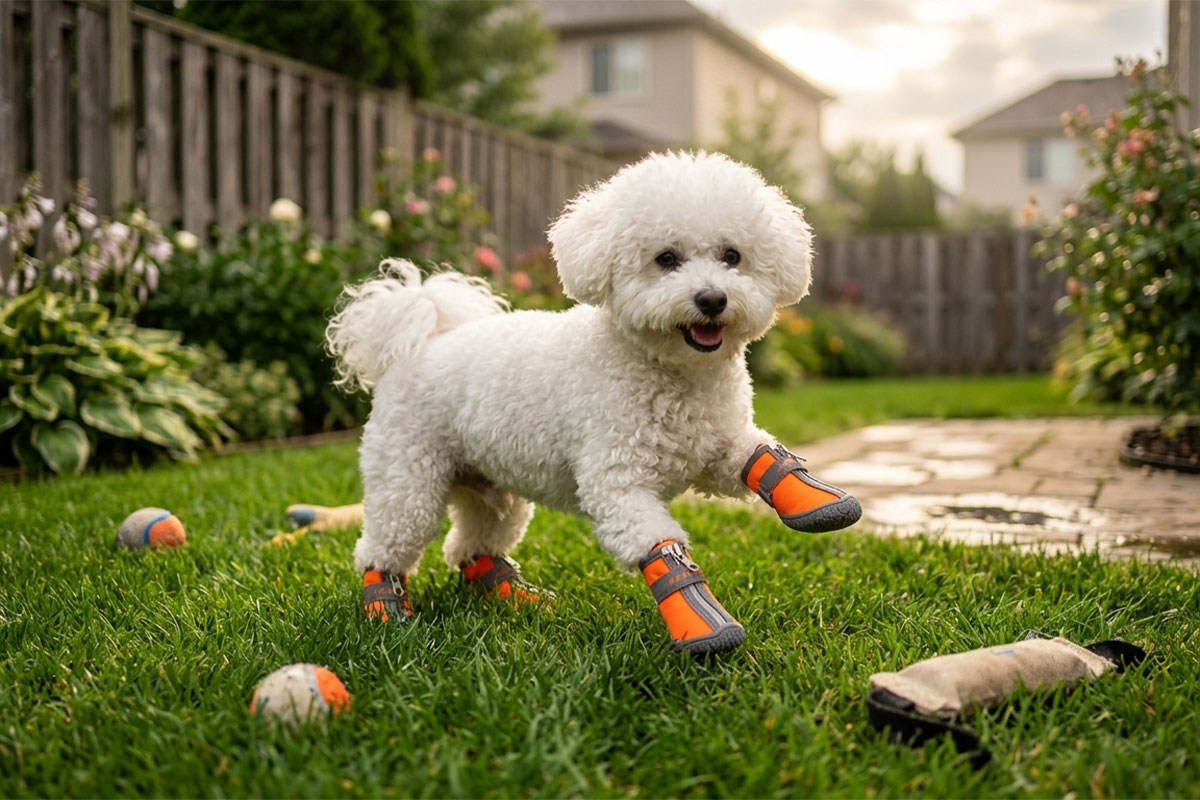 A white Bichon Frise dog playing on a suburban backyard lawn wearing orange soft shell winter dog shoes.