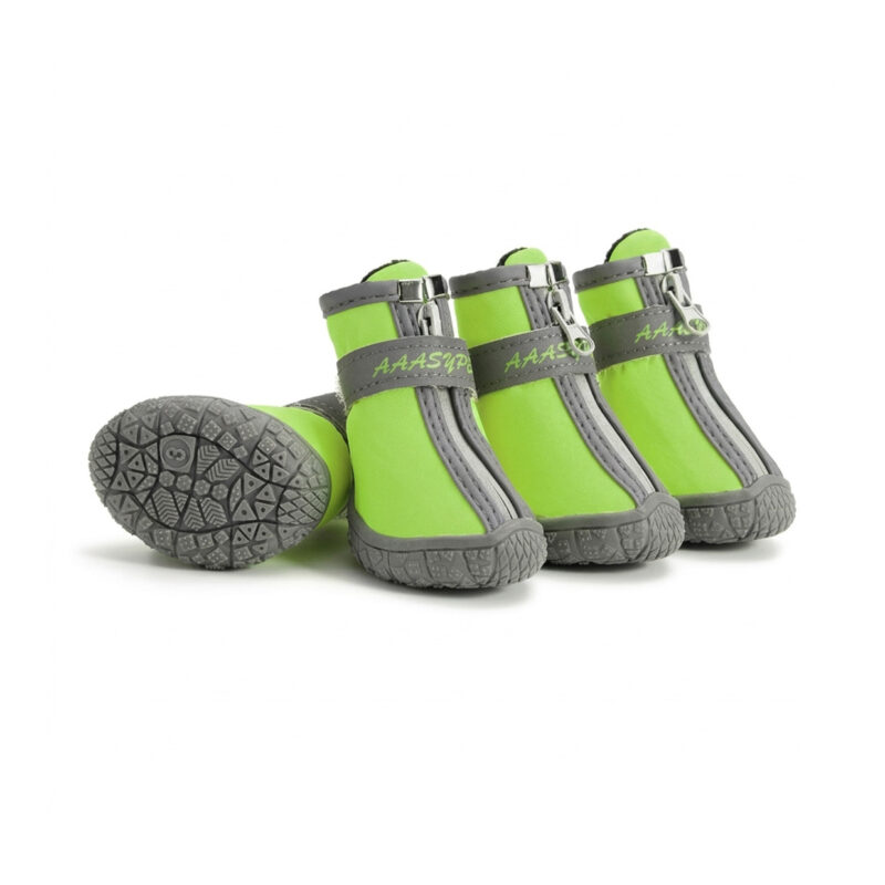 Green Soft Shell Winter Zipper Dog Shoes Lime green soft shell winter dog shoes highlighting full-open front zipper paths and dark grey reflective ankle webbings.