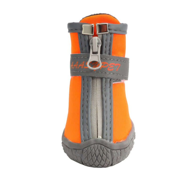 Orange Waterproof Soft Shell Zipper Dog Shoe Front View Front view of an orange soft shell winter dog shoe highlighting the weather resistant zipper and grey reflective wrap strap.