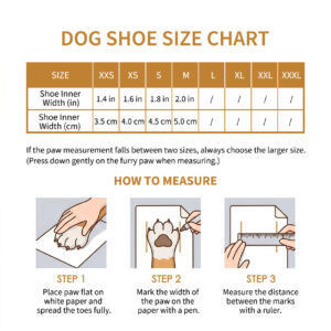 Paw measurement guide, how to measure, and sizing chart for soft-sole breathable dial-fit dog shoes.