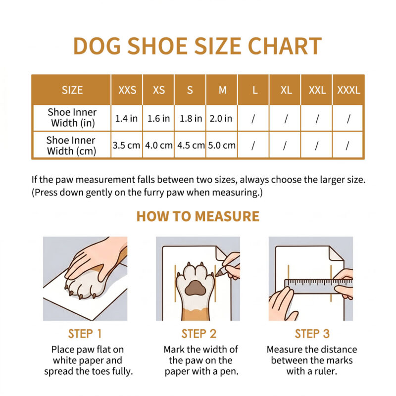 Paw measurement guide, how to measure, and sizing chart for soft-sole breathable dial-fit dog shoes.