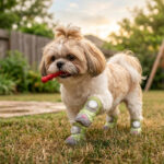 A small tan and white Shih Tzu dog walking through green backyard grass with a toy wearing mint green stay-on dial-system puppy shoes.