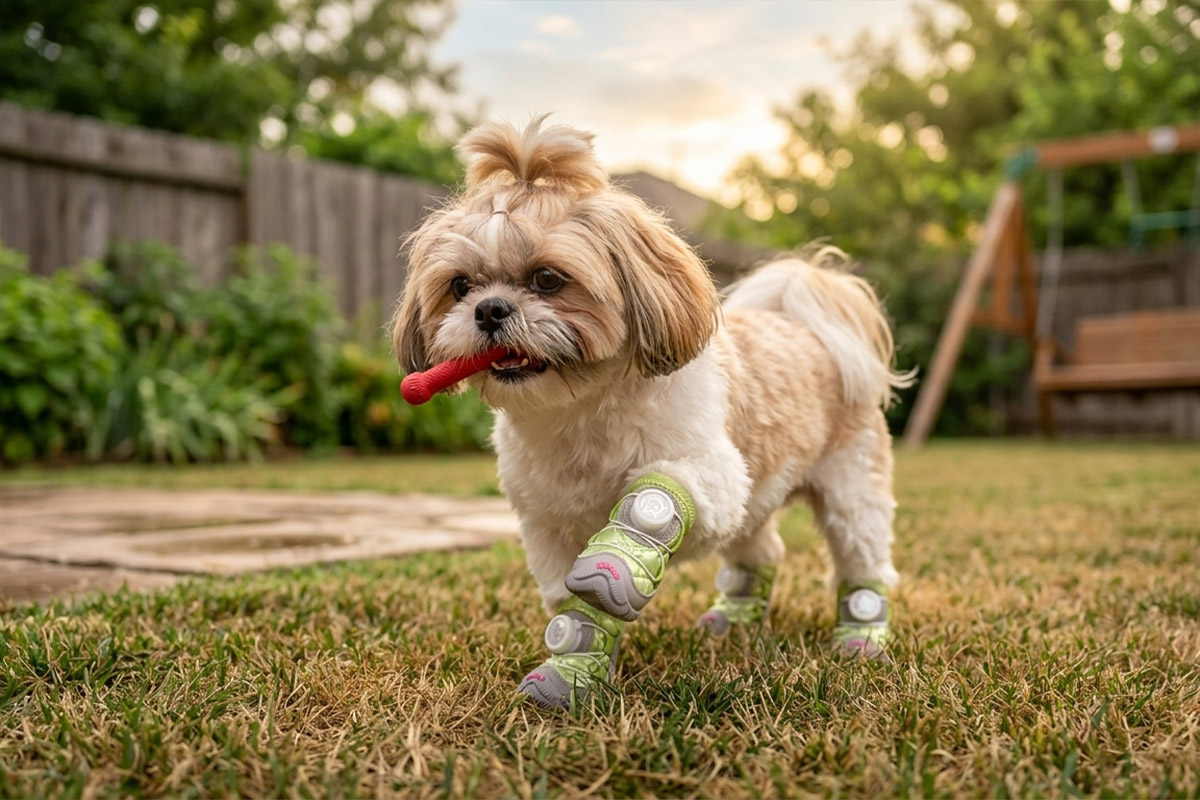 A small tan and white Shih Tzu dog walking through green backyard grass with a toy wearing mint green stay-on dial-system puppy shoes.