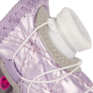 Mechanical Wire Dial Adjustment System Close-Up Macro view focusing on the white rotating wire tightening dial and micro-adjustable cables on taro purple puppy shoes.