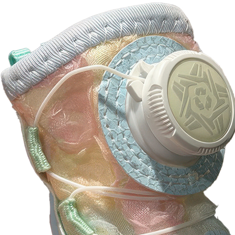 Close up look at the white rotating tension dial and micro-adjustable steel wires over a unicorn pink mesh upper.